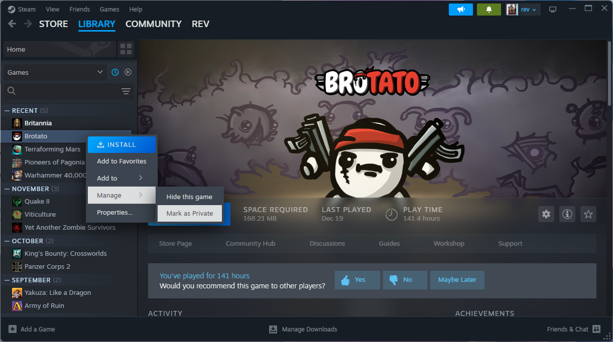 Steam mark game as private to hide from friends